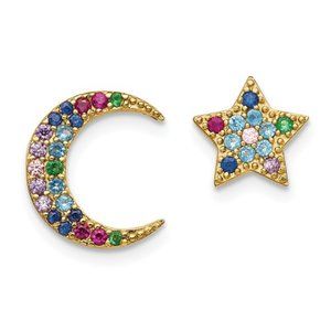 Sterling Silver  Moon And Star CZ Post Earrings